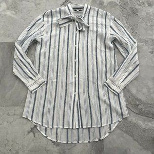 Elizabeth And James‎ Womens Size M Blue White Stripe Tie Neck Button Down Shirt